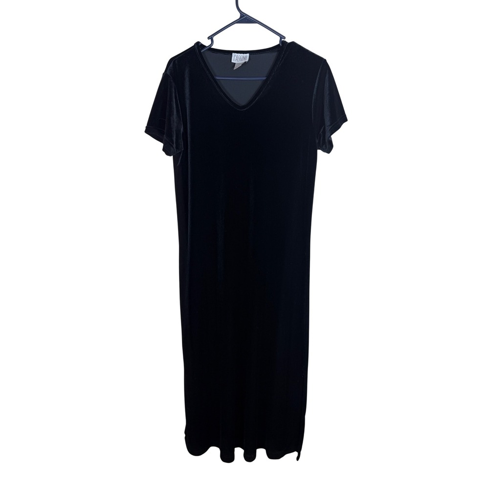 Cassini Black Velvet Maxi Dress V-Neck Short Sleeve Stretch Column Gown Large